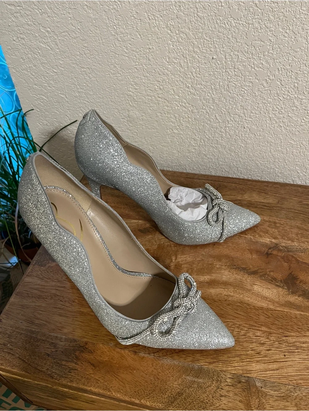 Sam Edelman Silver Glitter Deela Pointed-Toe Bow Pumps
